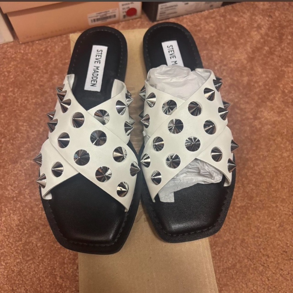 Steve Madden White Studded Cross-Strap Slide Mules